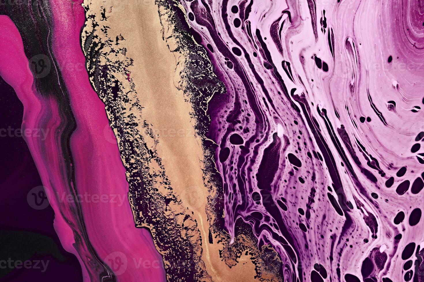 Metallic gold abstraction on purple and pink waves. Fluid Art. Marble effect background or texture photo