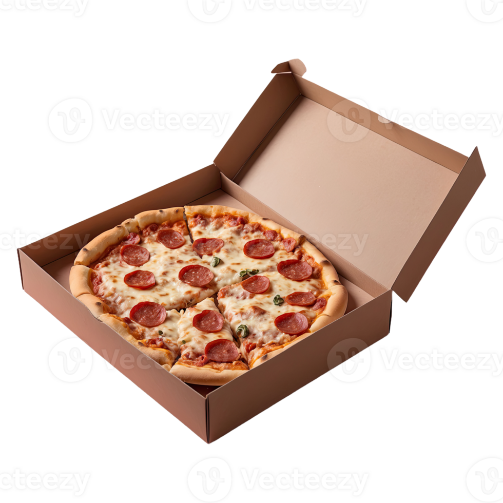 AI generated Pizza with Slice Cut in Craft Box isolated on transparent background png