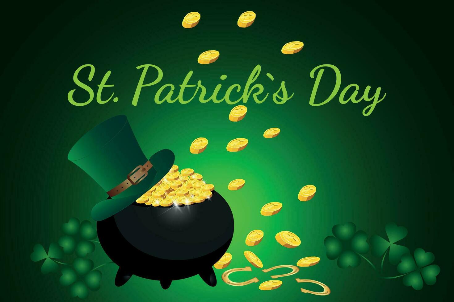 St. Patrick's Day banner with leprechaun treasure, pot full of gold coins and green hat on festive green background. Vector illustration.