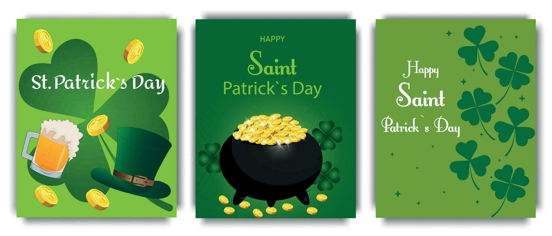 Patrick Day greeting card, with traditional Irish shamrocks, leprechaun treasure, pot full of gold coins and hat on a festive green background. Vector illustration.