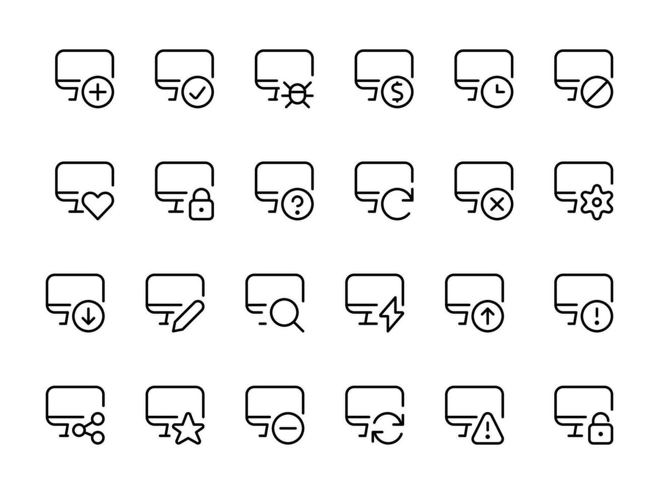 Computer technology related line icon set. Data transfer, computer lock, computer set up, setting and computer options linear vector icon collection.