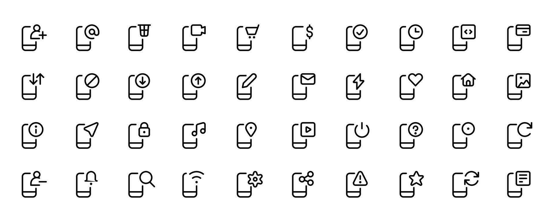Mobile Phone Function icons. Smartphone technology Modern ui ux Kit - Shopping and ecommerce, Set of shopping bag, buy cart, delivery, payment, contact us, map location, user, arrows, ui ux icons vector