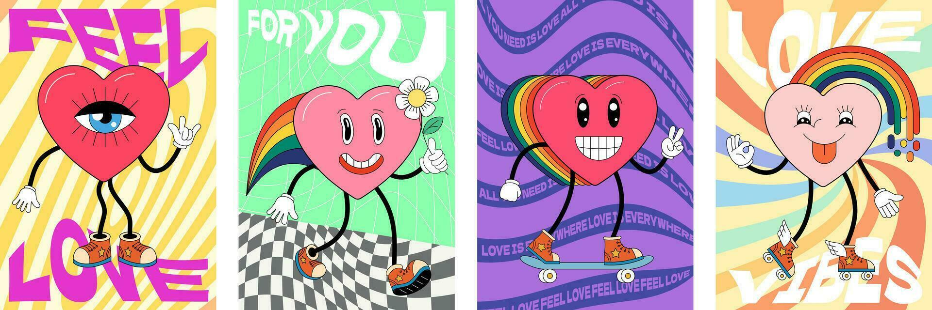 Happy Valentines Day greeting card. Groovy art typography poster. Retro funky cartoon heart characters. Valentine holiday vintage hippy hearts mascots. Crazy hippie love placard. Trendy y2k eps banner vector