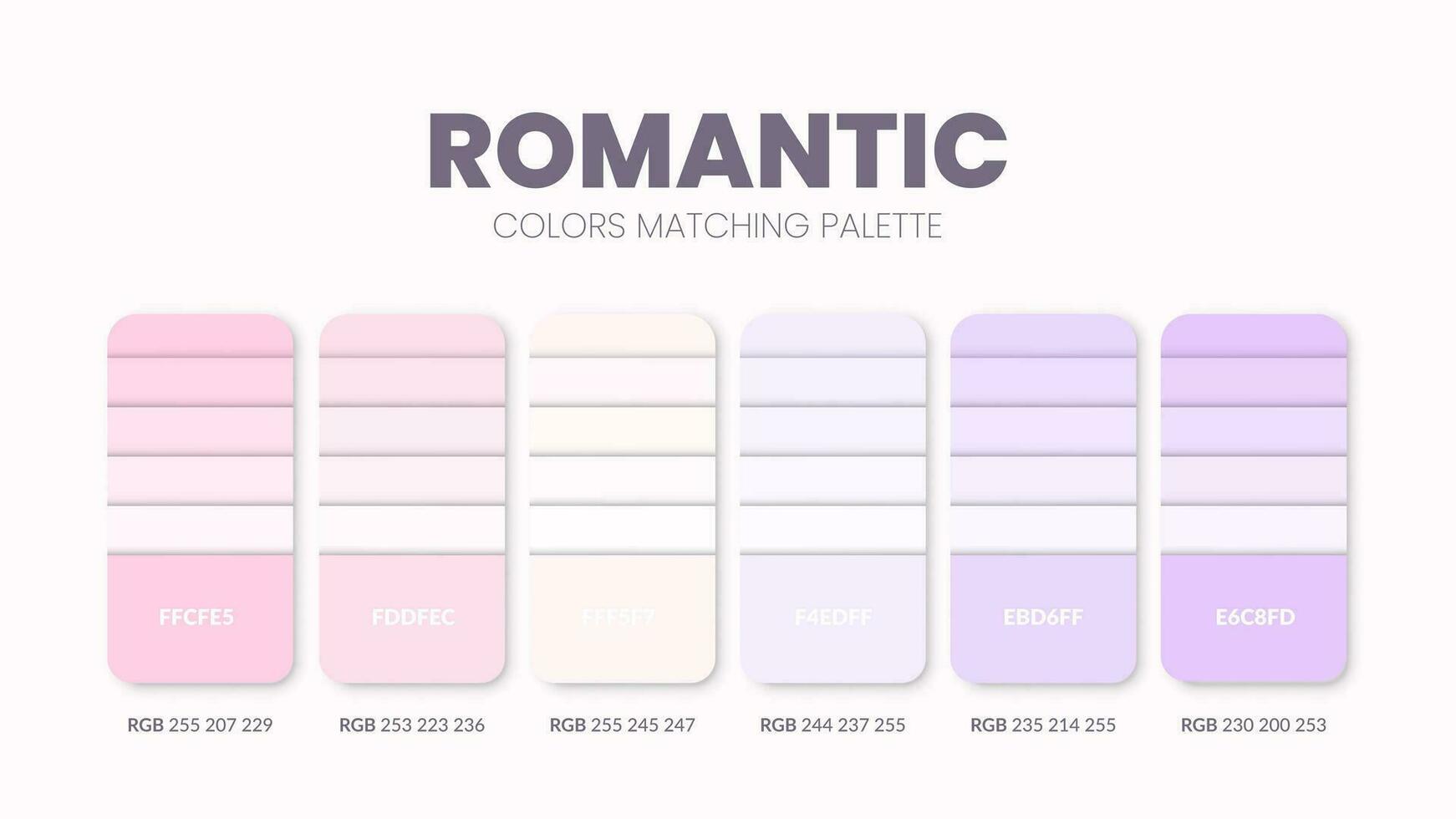 Color palette in Romantic colour theme collections. Color inspiration or colour chart with codes template. Color combination set of RGB. Colors swatch for graphic design, art, fashion, or web design. vector