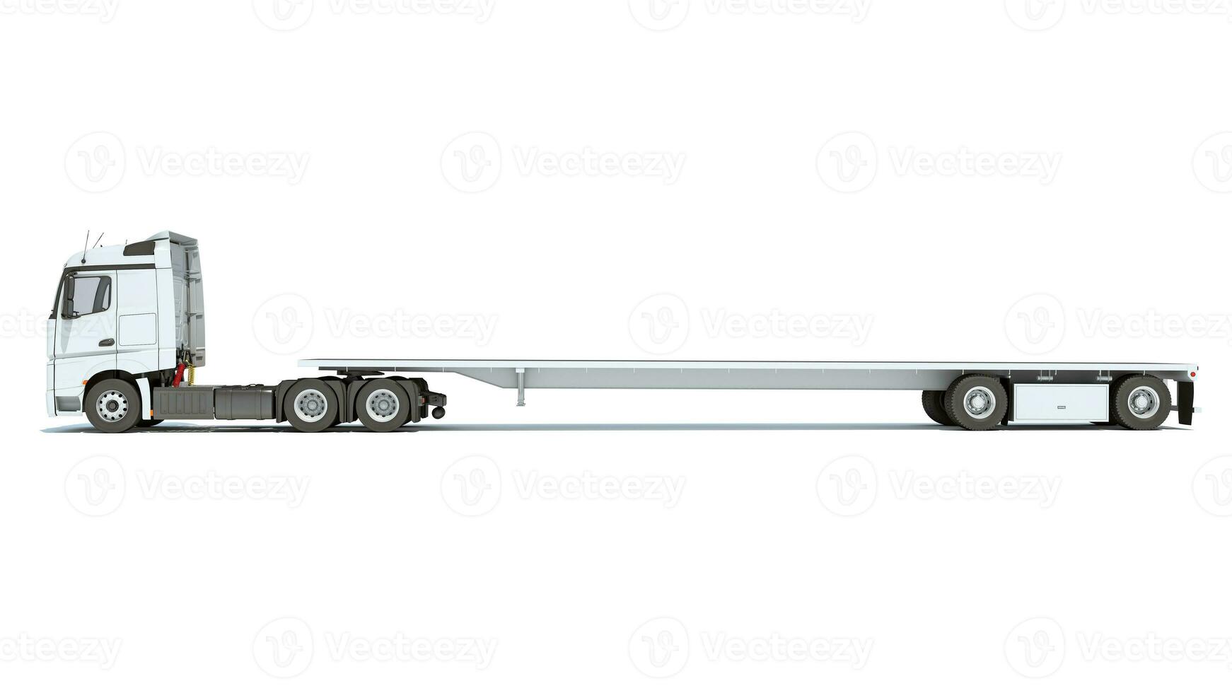 Semi Truck with Lowboy Platform Trailer 3D rendering on white background photo