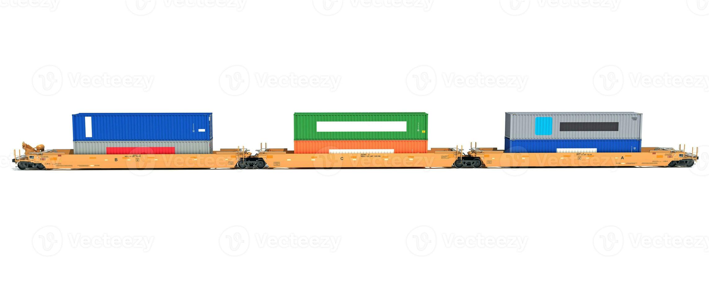 Double Stack train Cars with Containers 3D rendering on white background photo