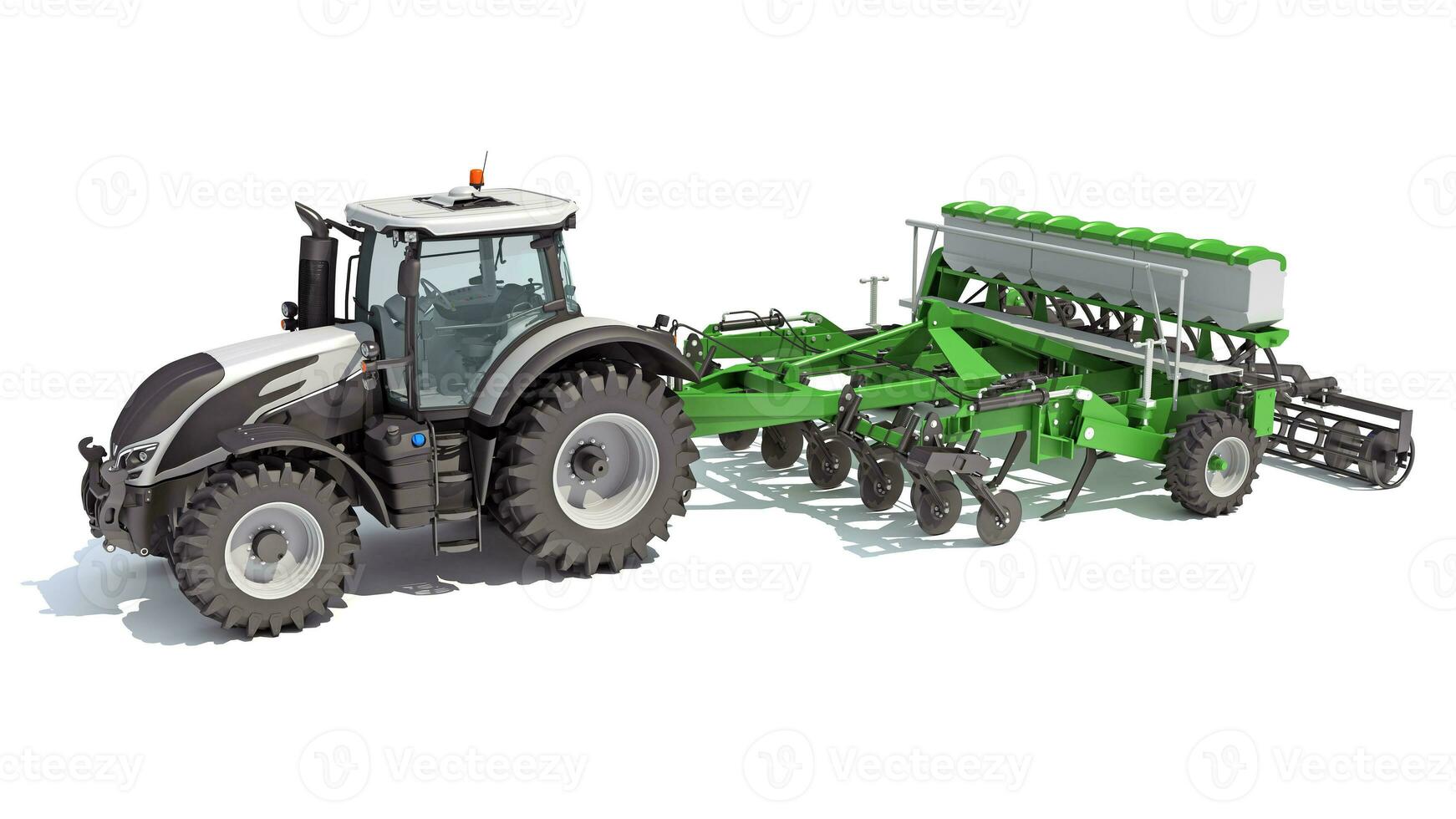 Tractor with Trailed Disc Harrow farm equipment 3D rendering on white background photo