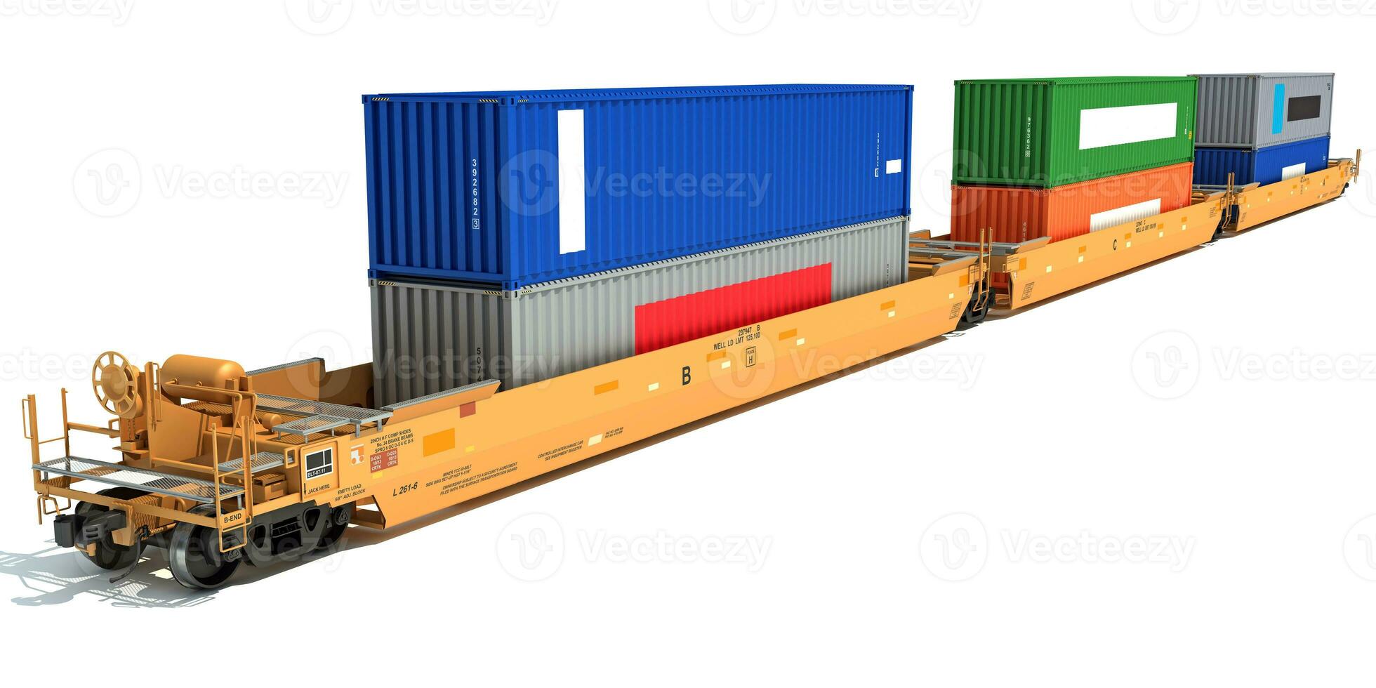 Double Stack train Cars with Containers 3D rendering on white background photo