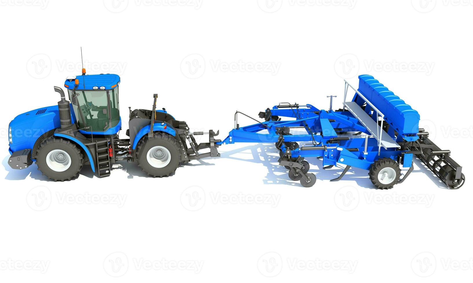 Tractor with Seed Drill farm equipment disc harrow 3D rendering on white background photo
