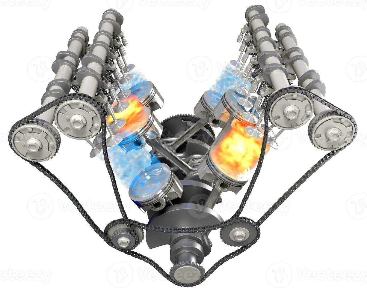 V6 Engine pistons and crankshaft Ignition on white background 3D rendering photo