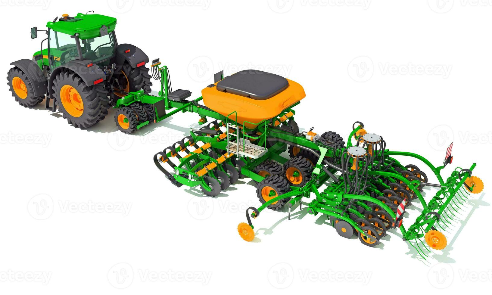 Tractor with Seed Drill farm equipment disc harrow 3D rendering on white background photo