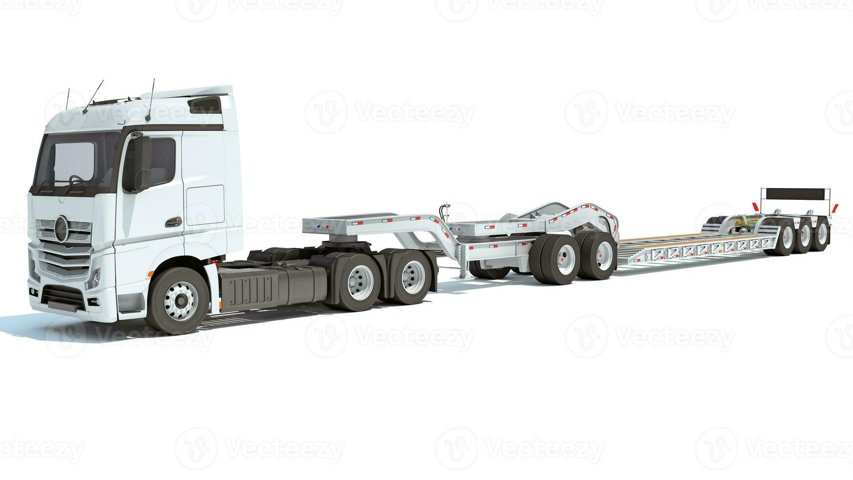 Semi Truck with Lowboy Platform Trailer 3D rendering on white background photo