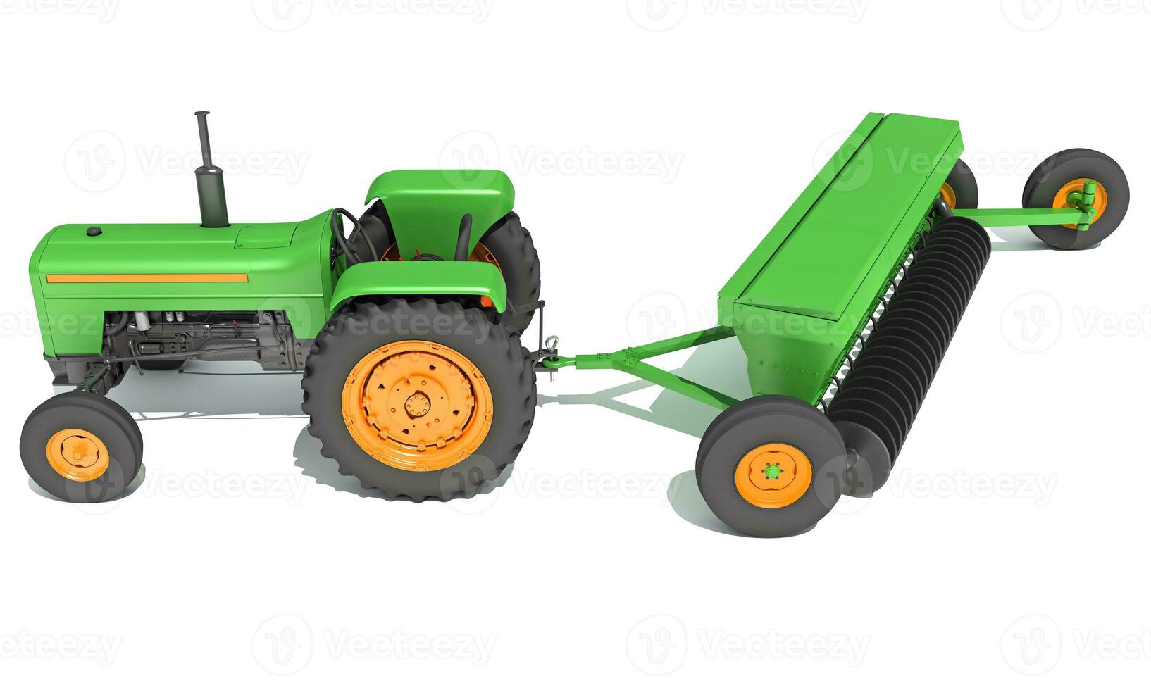 Farm Tractor with Trailed Disc Harrow 3D rendering on white background photo