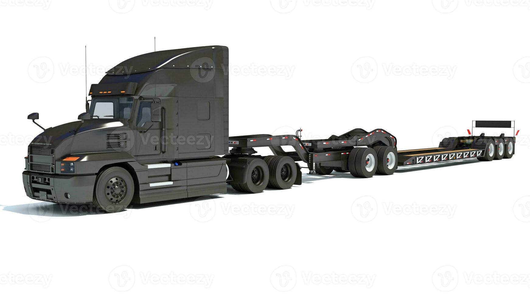 Semi Truck with Lowboy Platform Trailer 3D rendering on white background photo