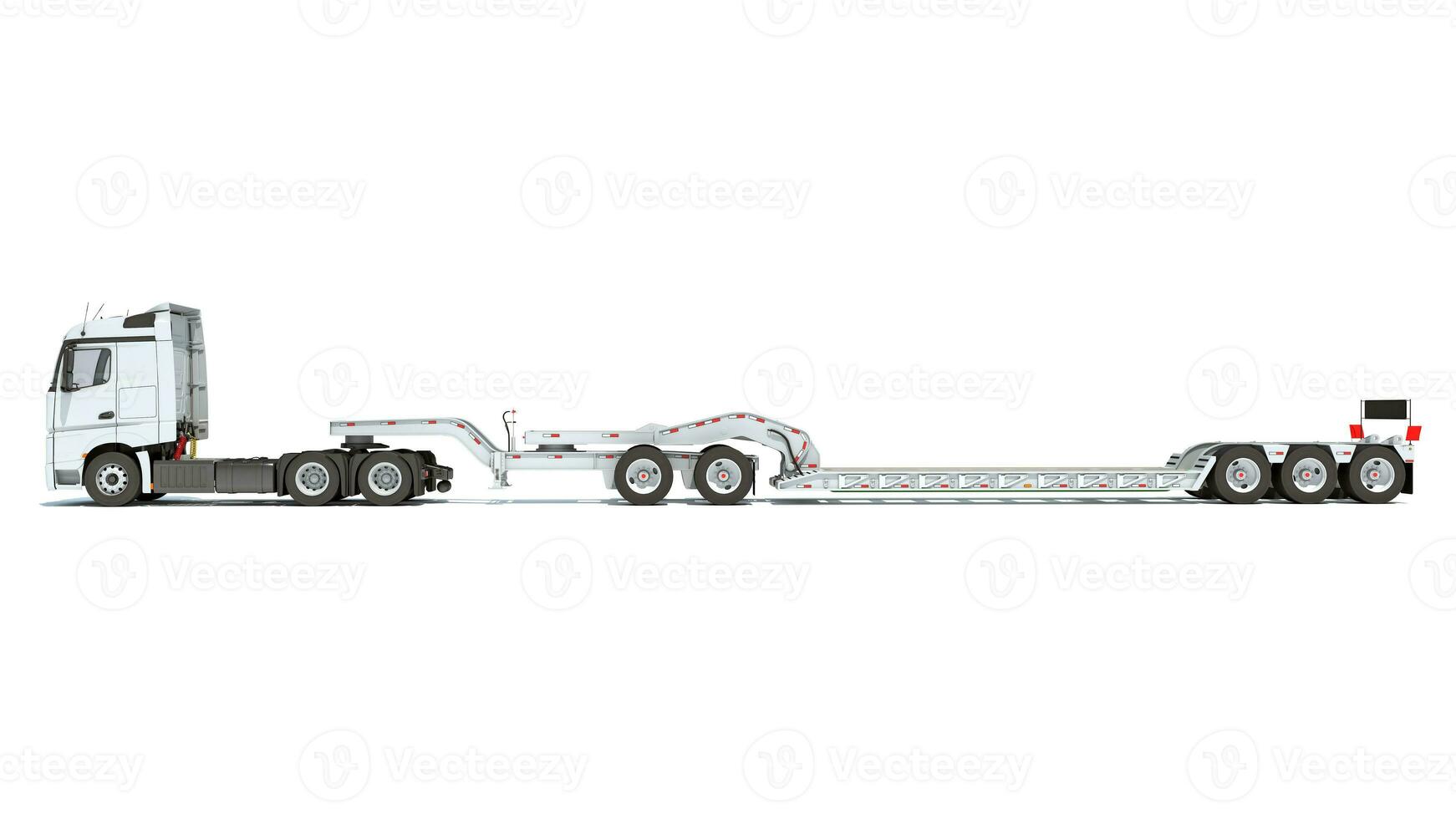 Semi Truck with Lowboy Platform Trailer 3D rendering on white background photo