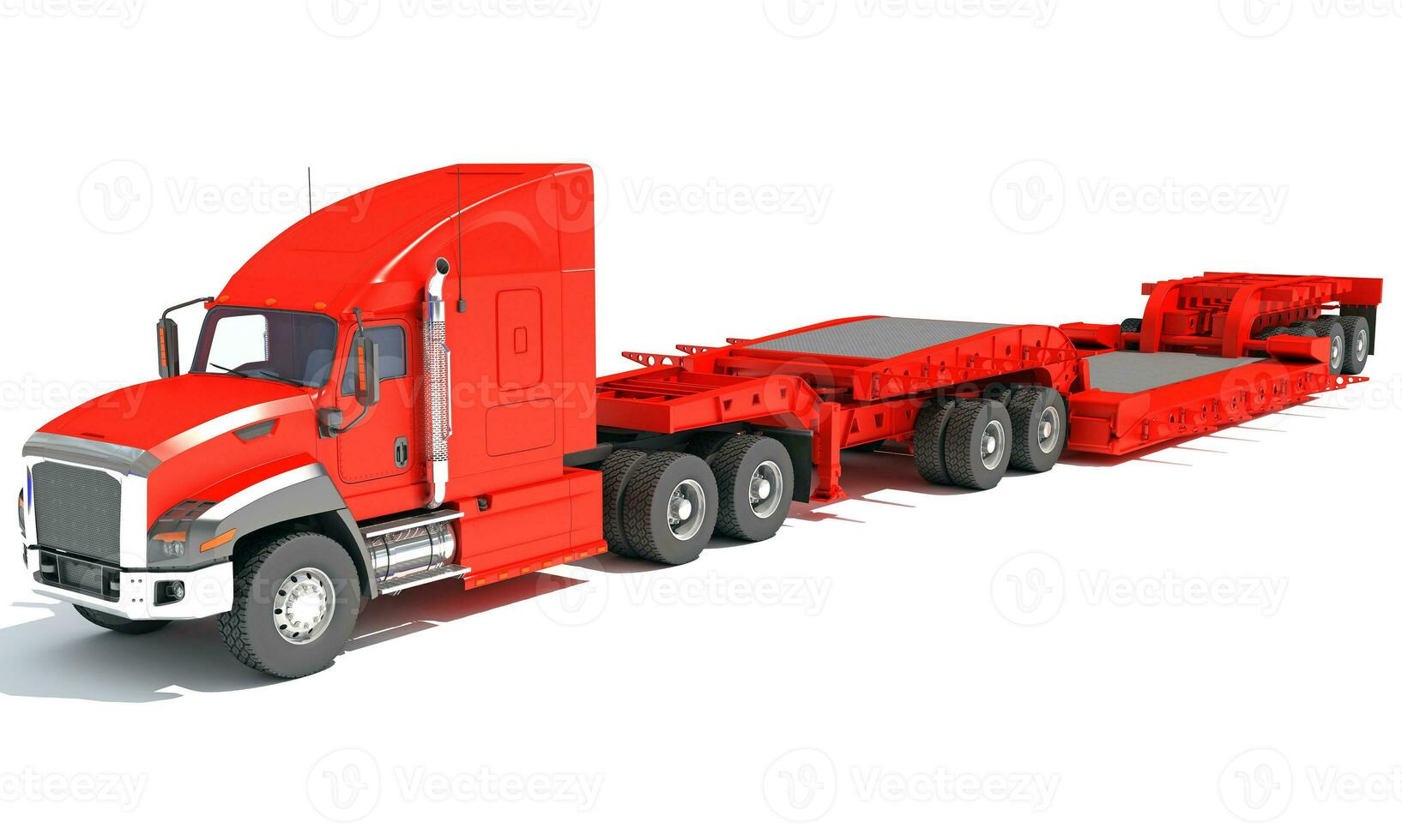 Semi Truck with Lowboy Platform Trailer 3D rendering on white background photo