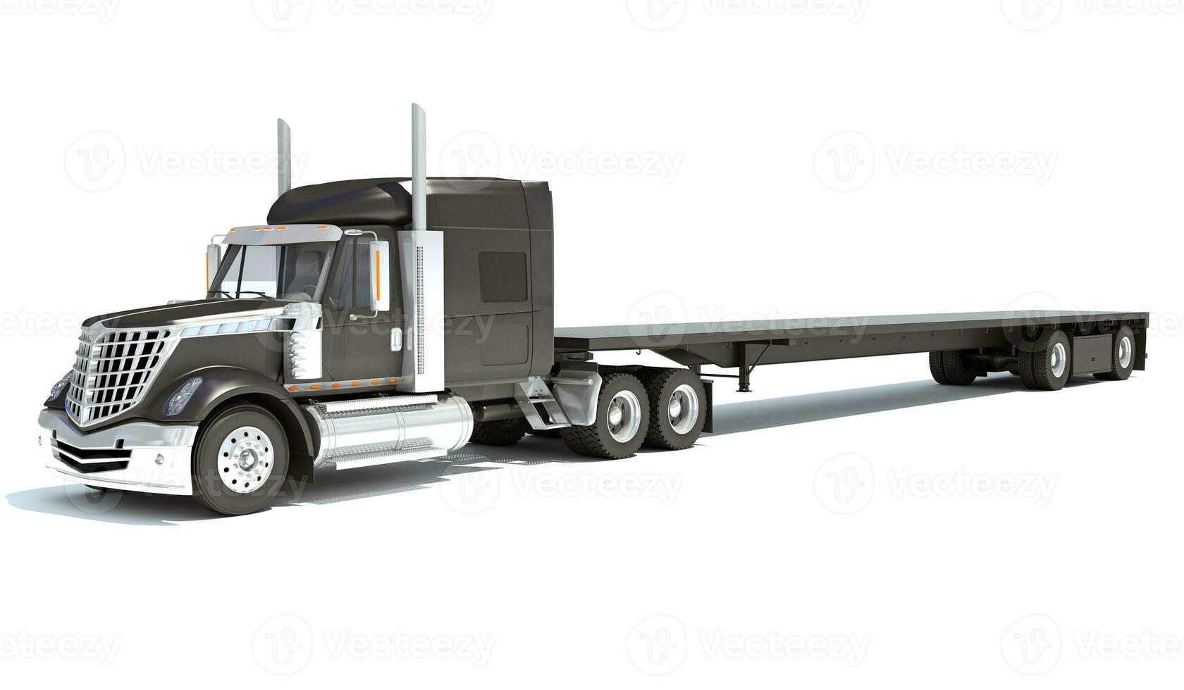 Semi Truck with Lowboy Platform Trailer 3D rendering on white background photo