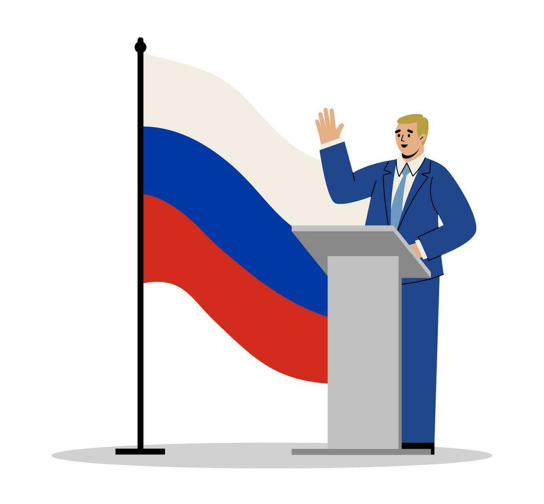 The President of Russia is hanging behind the podium. A man in a suit stands with the flag of Russia. Vector illustration