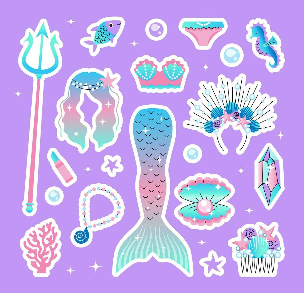 A set of elements for a mermaid. Marine fashion attributes for a girl. Tail, swimsuit, trident, pearl, fish, Wig. vector