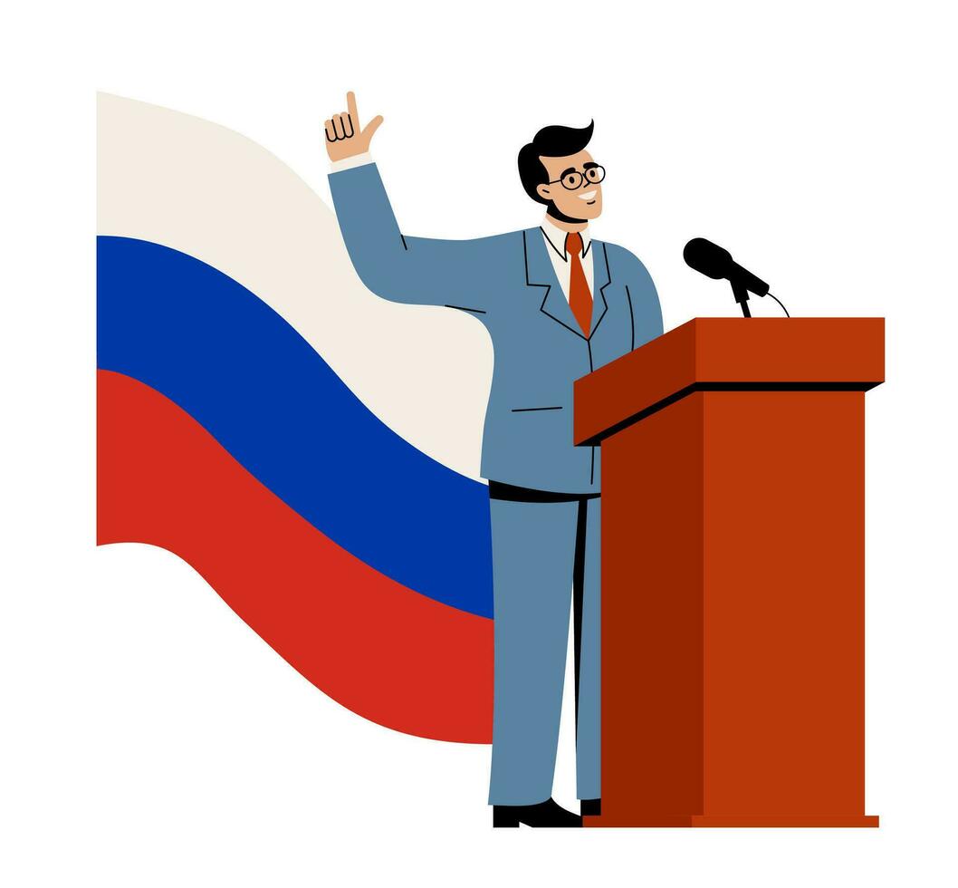 The President of Russia is hanging behind the podium. A man in a suit stands with the flag of Russia. Vector illustration