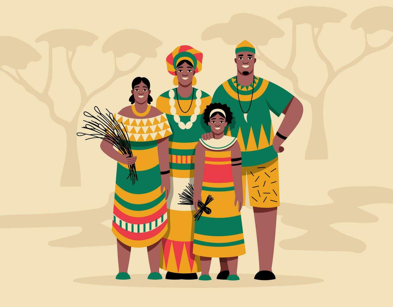 An African family in folk costumes stands against the background of the savannah landscape. Happy black people. Cartoon, flat, vector illustration