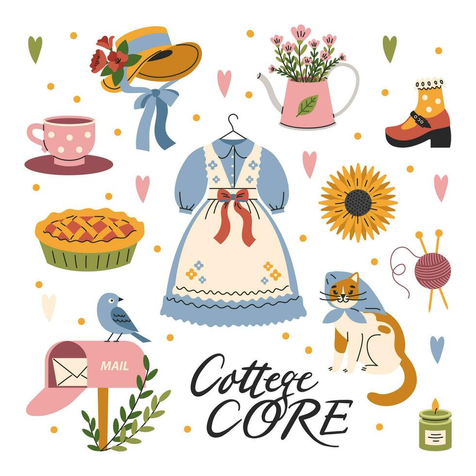 A set of cute cottage core style elements. Rural girl aesthetics. Flowers, retro clothes, vintage dresses. Vector, flat, cartoon illustration vector