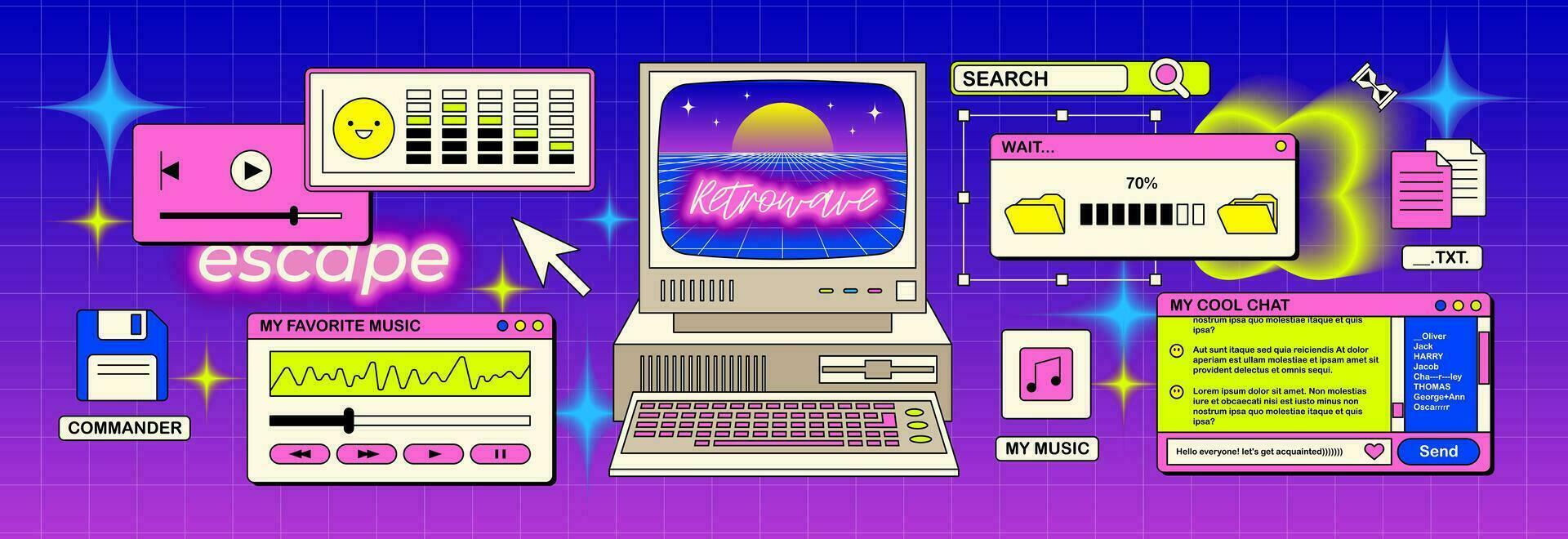 The screen of an old retro PC in the y2k style. Retro wave and vaporwave background. Bright vintage computer interface vector