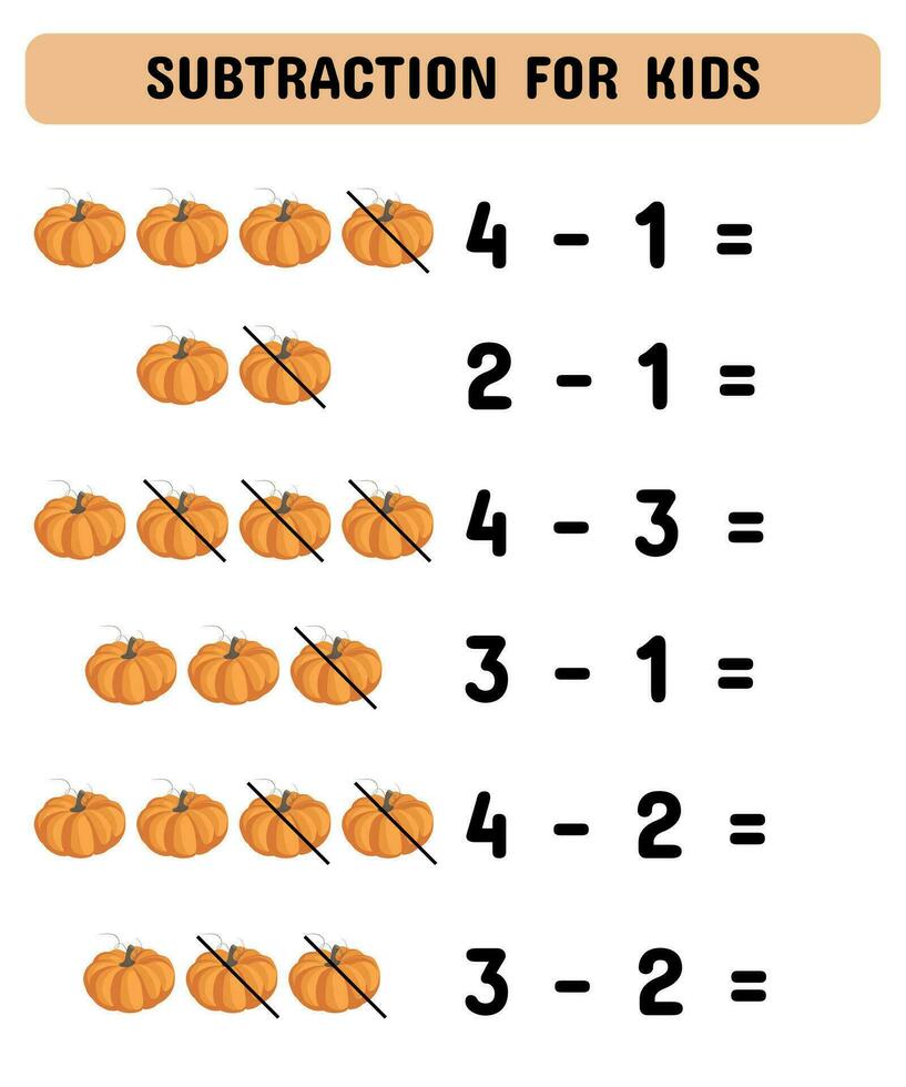 matemáticas hoja de cálculo diseño para niños.matemáticas niños educativo juego. estudiar sustracción para niños y niños pequeños vector