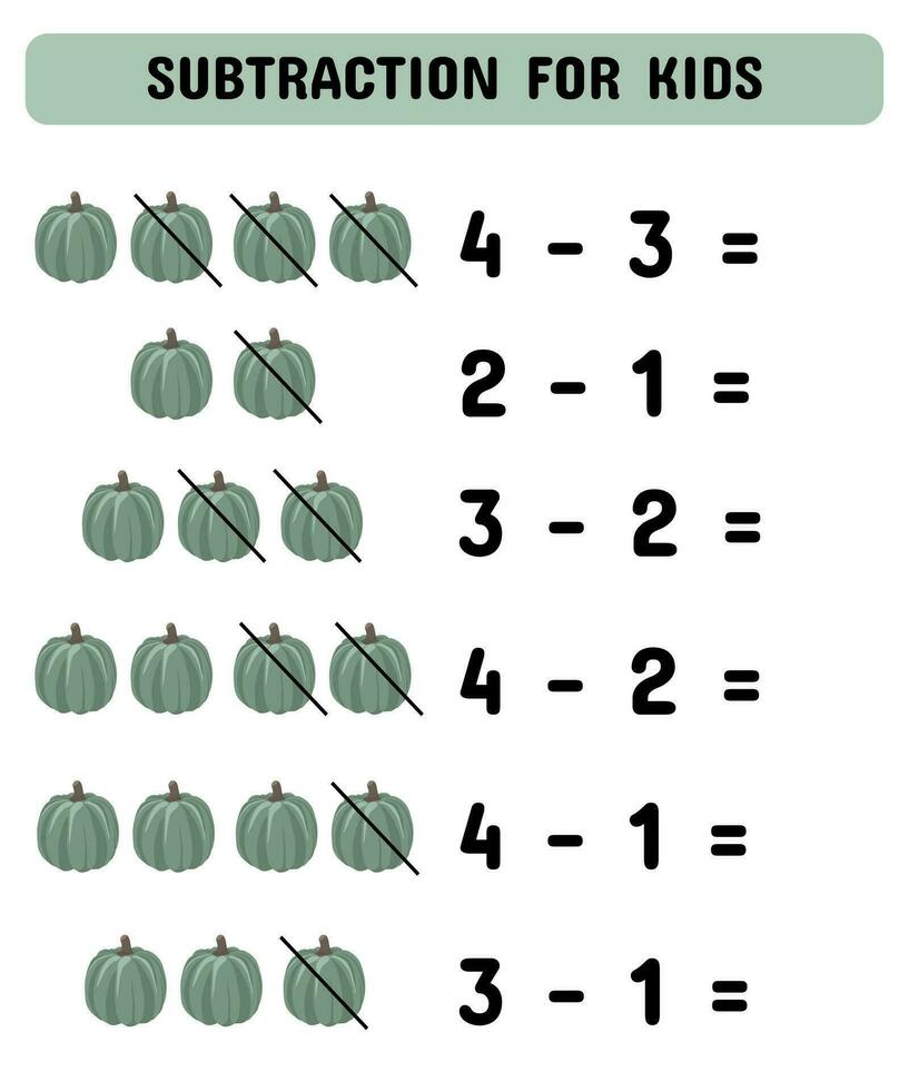 Mathematics children educational game.  Study  subtraction for kids and toddlers. Worksheet for education vector