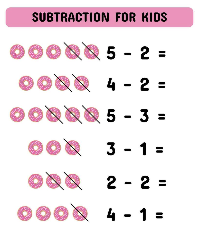 Subtraction for kids with donuts. Educational math game for preschoolers kindergarten.Vector illustration. vector