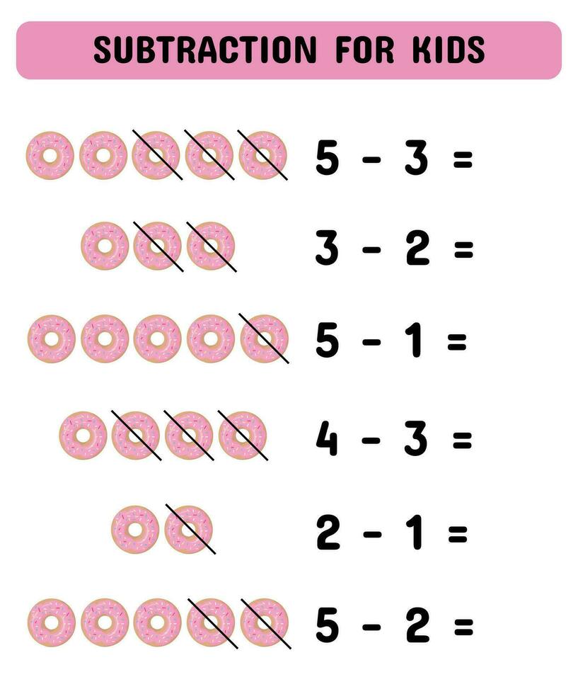 Subtraction game with donuts. Mathematics children educational game.  Study  subtraction for kids and toddlers. vector