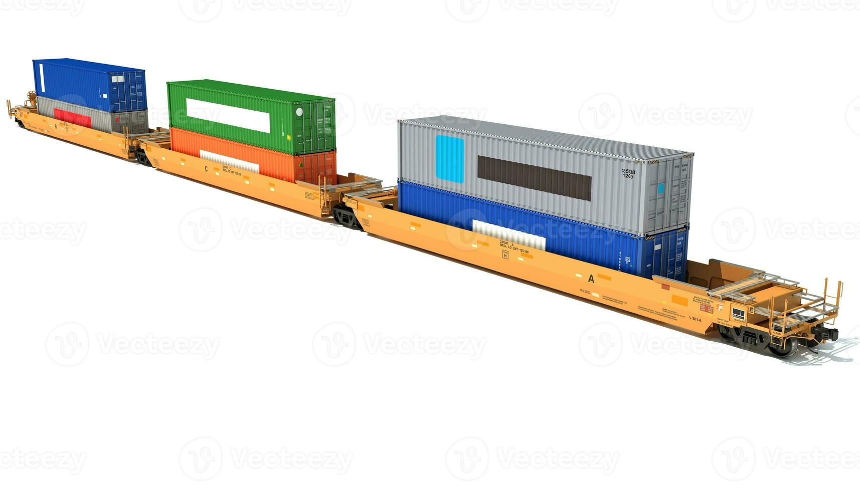 Double Stack train Cars with Containers 3D rendering on white background photo