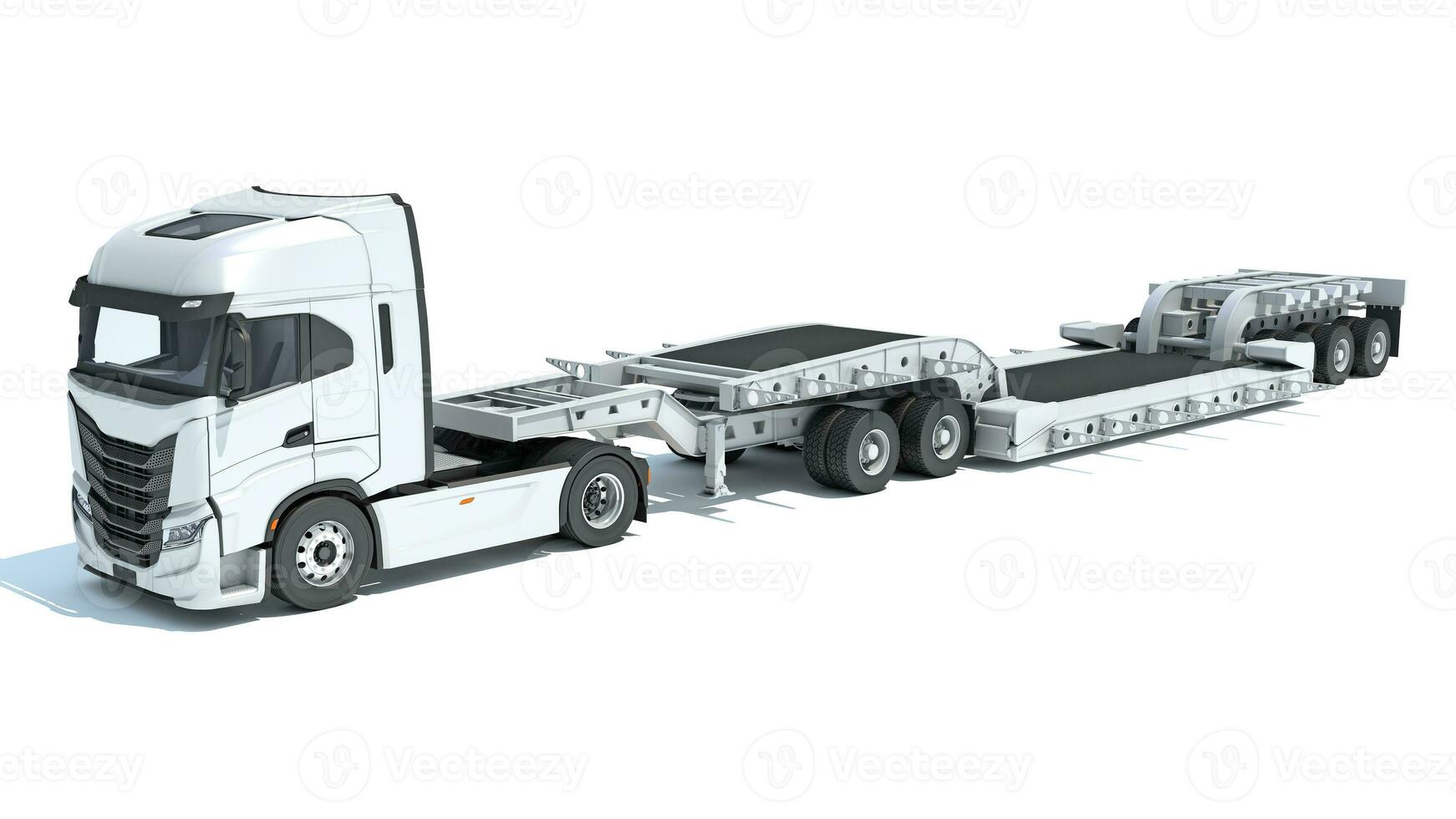 Semi Truck with Lowboy Platform Trailer 3D rendering on white background photo