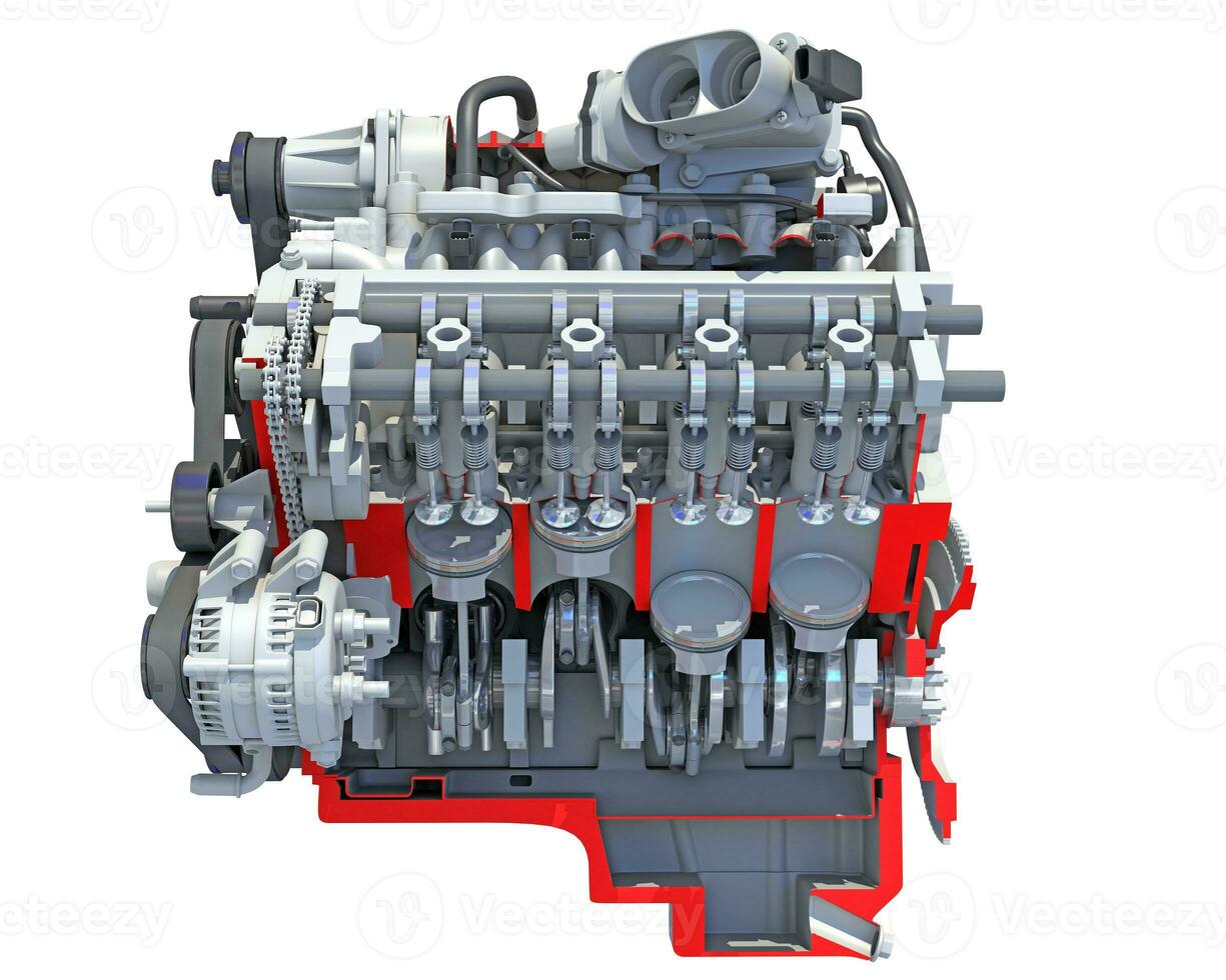 corte v8 motor sección 3d representación en blanco antecedentes foto