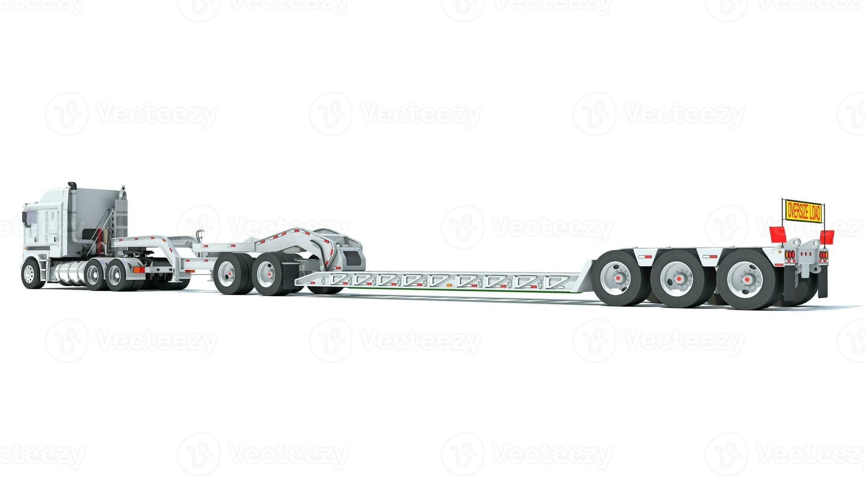 Truck with Lowboy Flatbed Trailer 3D rendering on white background photo