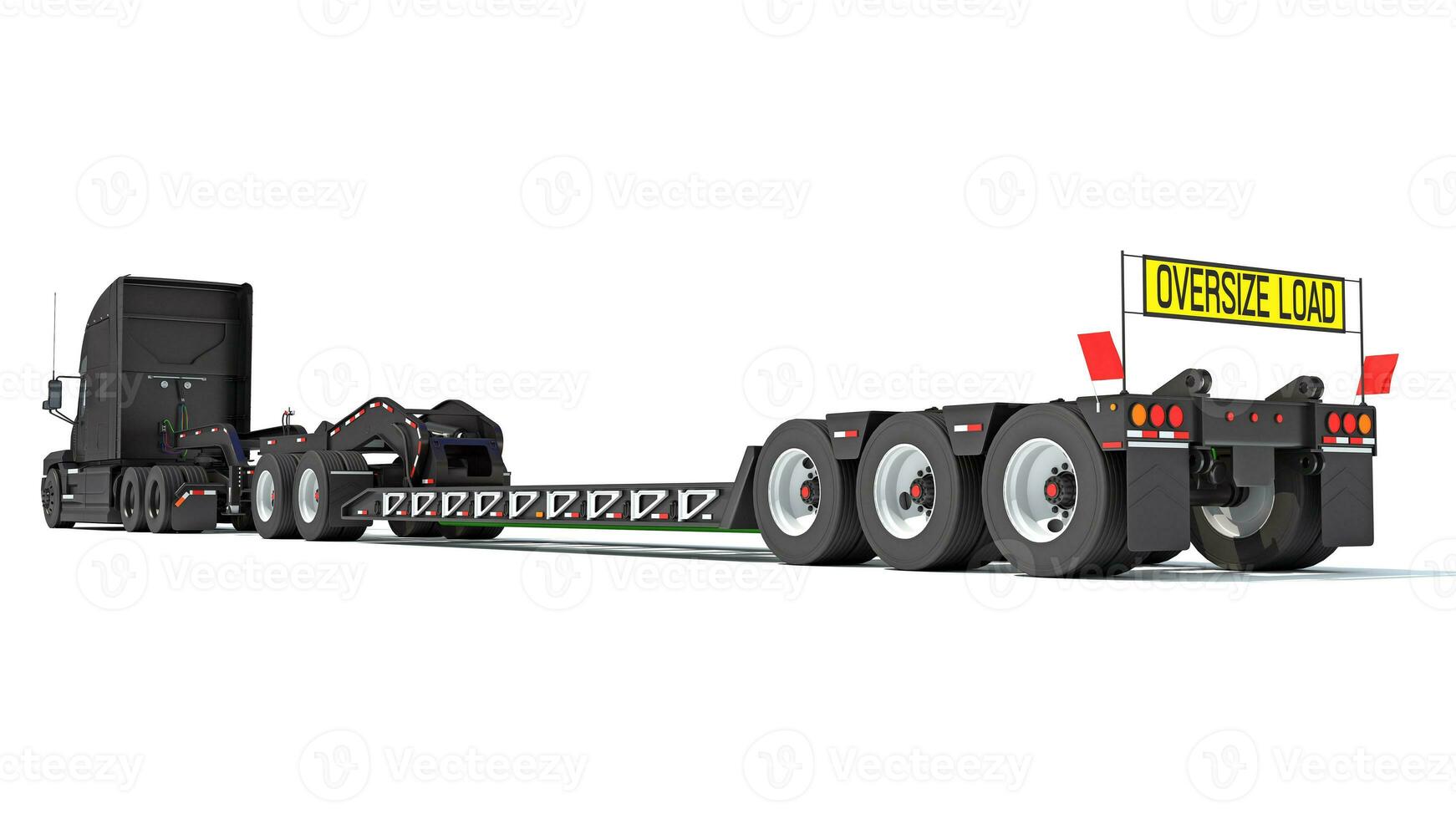 Semi Truck with Lowboy Platform Trailer 3D rendering on white background photo