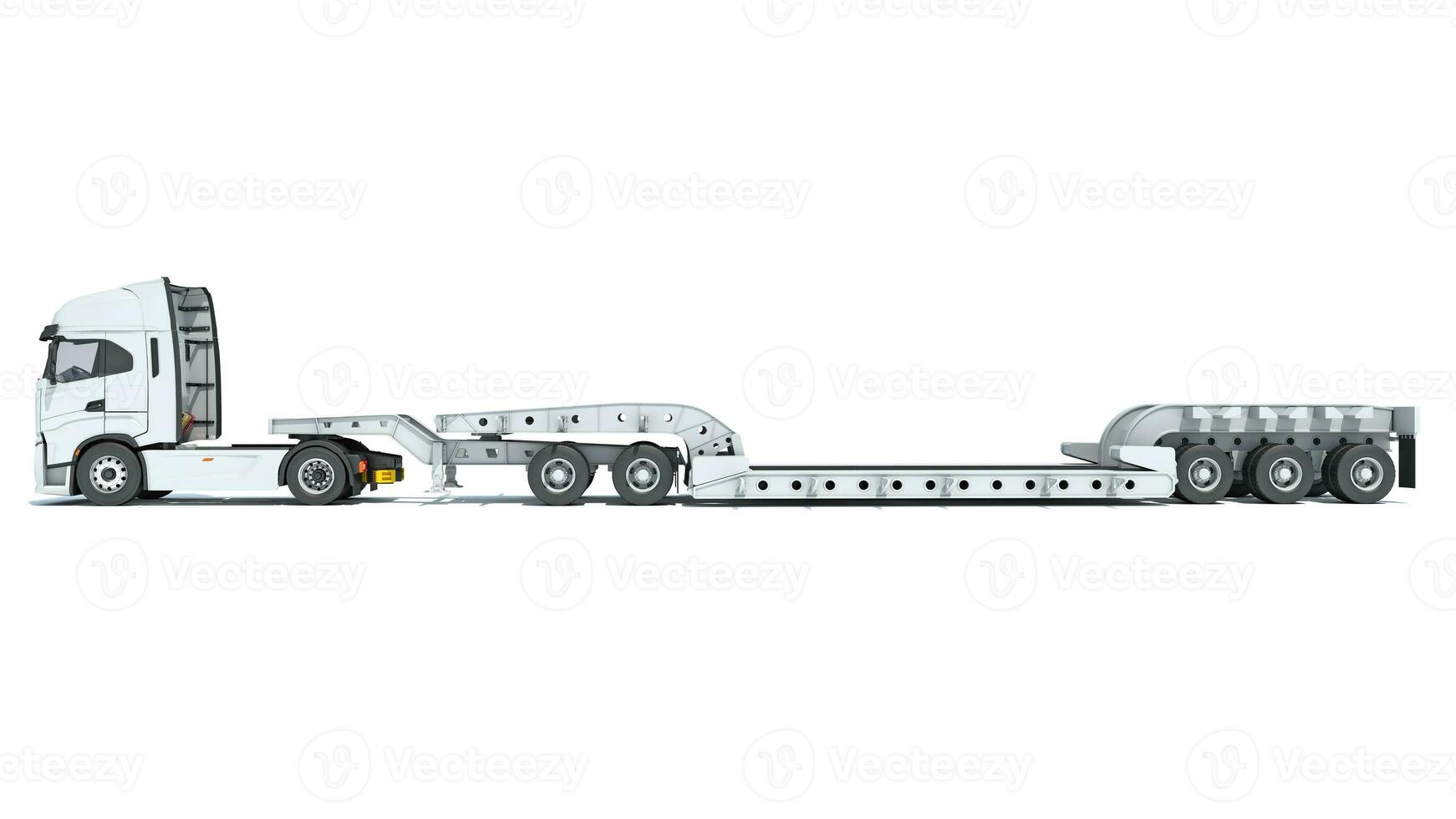 Semi Truck with Lowboy Platform Trailer 3D rendering on white background photo