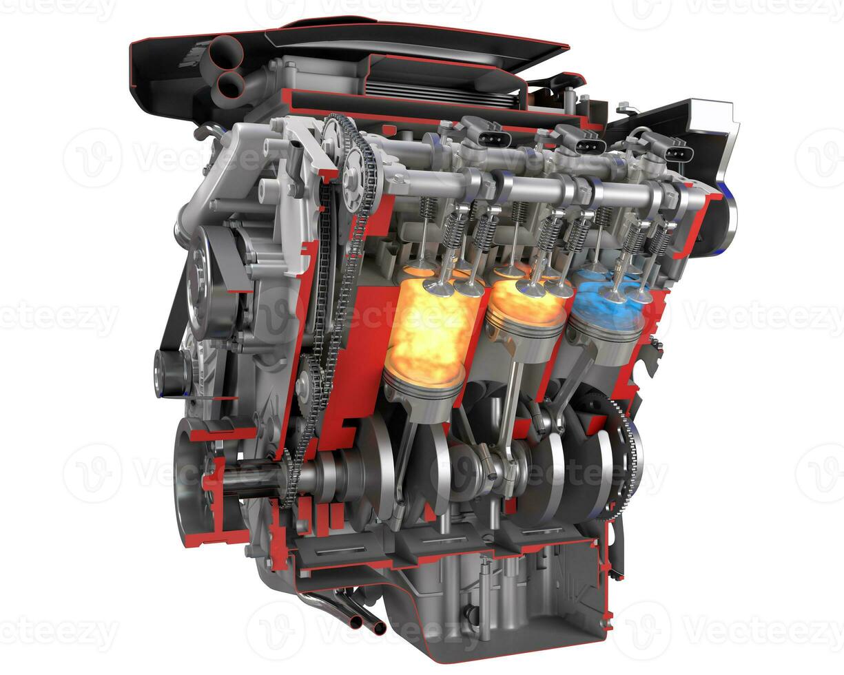 Cutaway V6 Engine pistons and crankshaft Ignition on black background 3D rendering photo