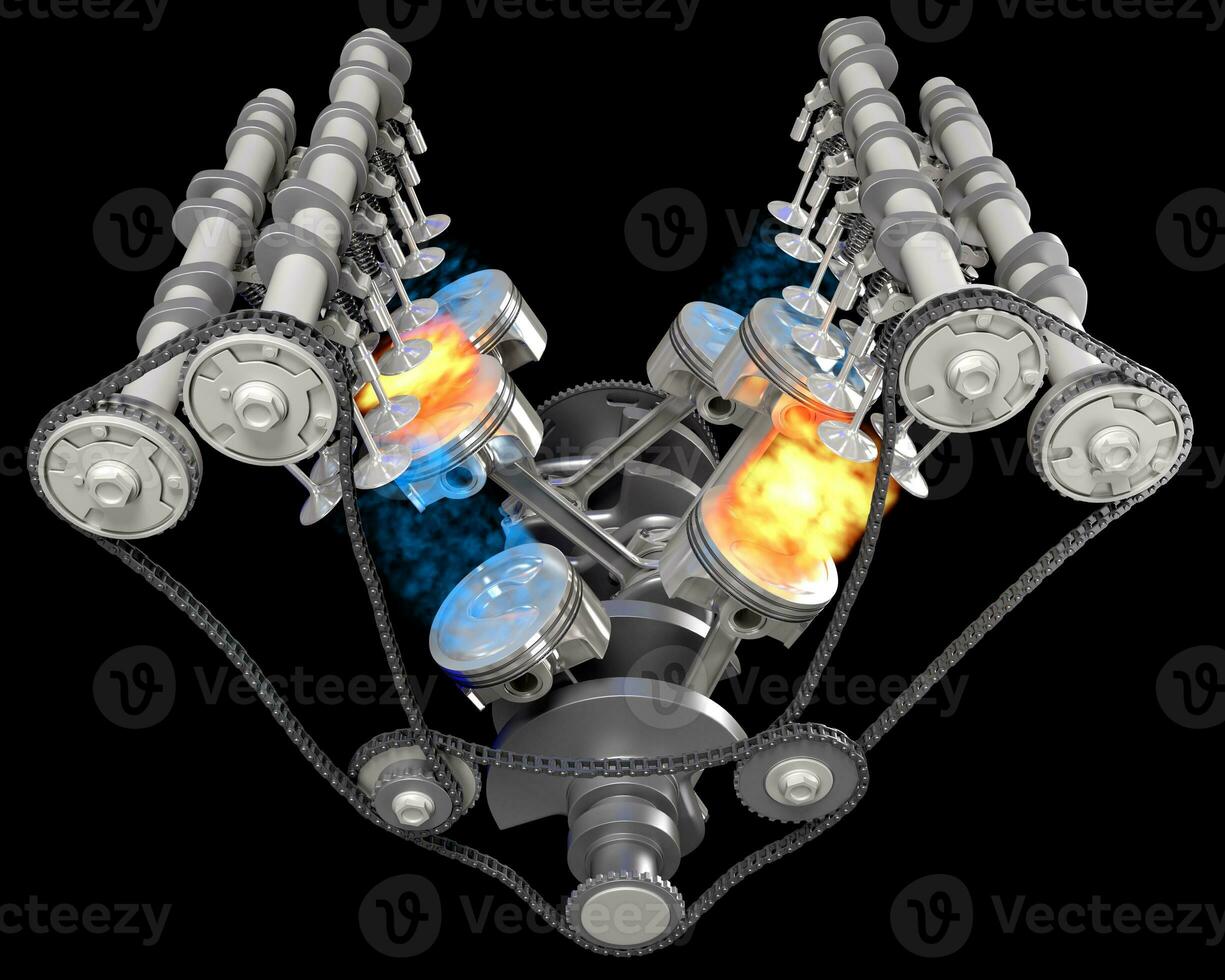 V12 Engine pistons Ignition on black background 3D rendering photo