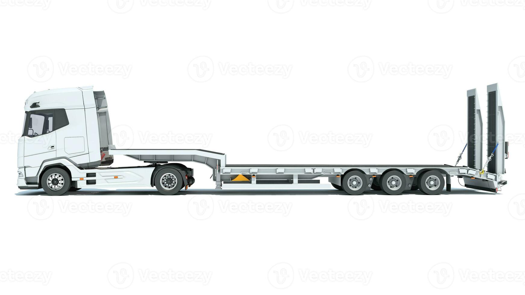 Truck with Lowboy Flatbed Trailer 3D rendering on white background photo