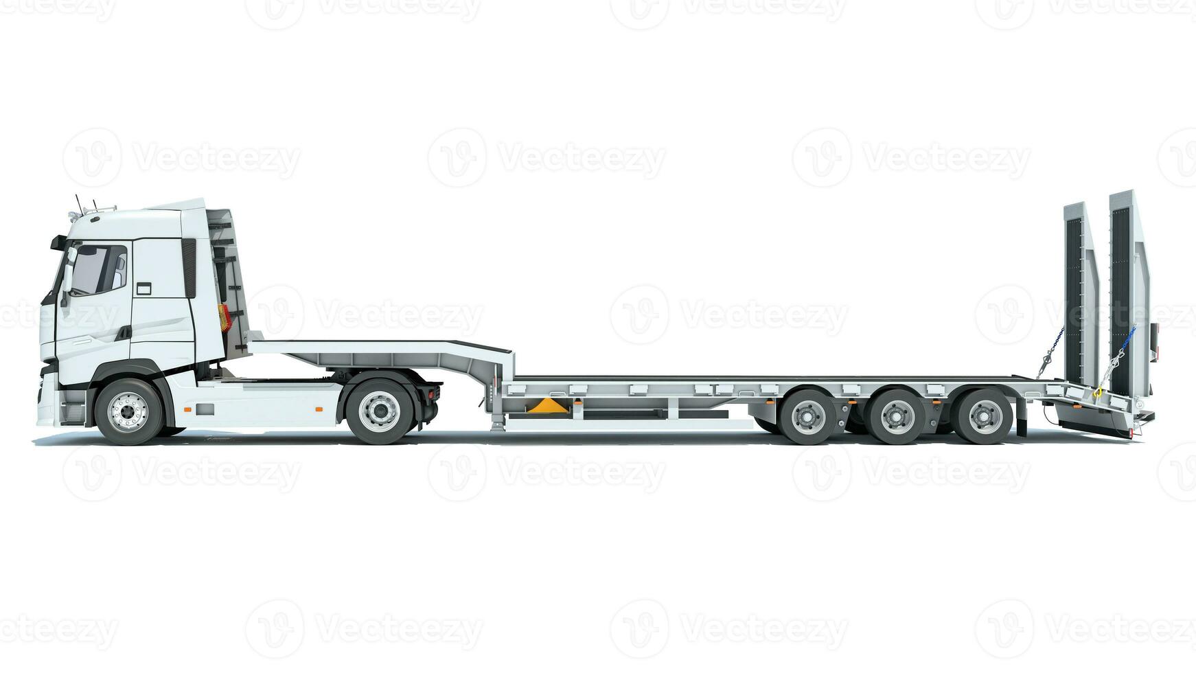 Heavy Truck with Lowboy Trailer 3D rendering on white background photo