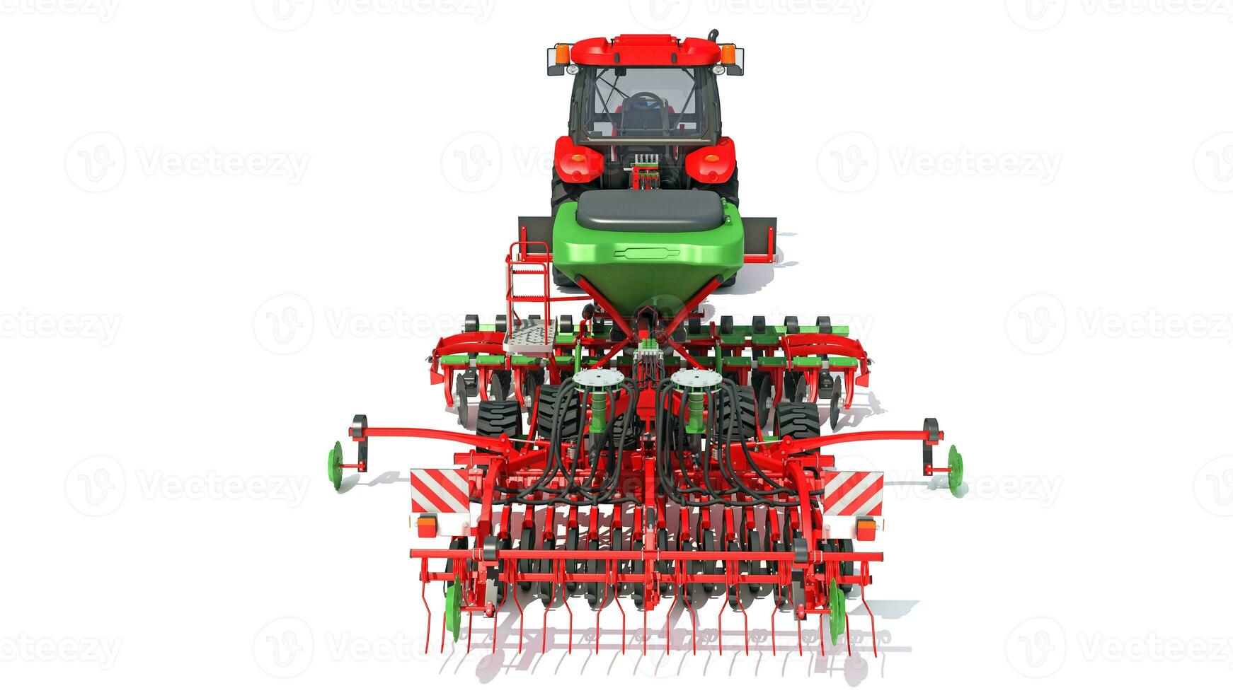 Tractor with Seed Drill farm equipment disc harrow 3D rendering on white background photo