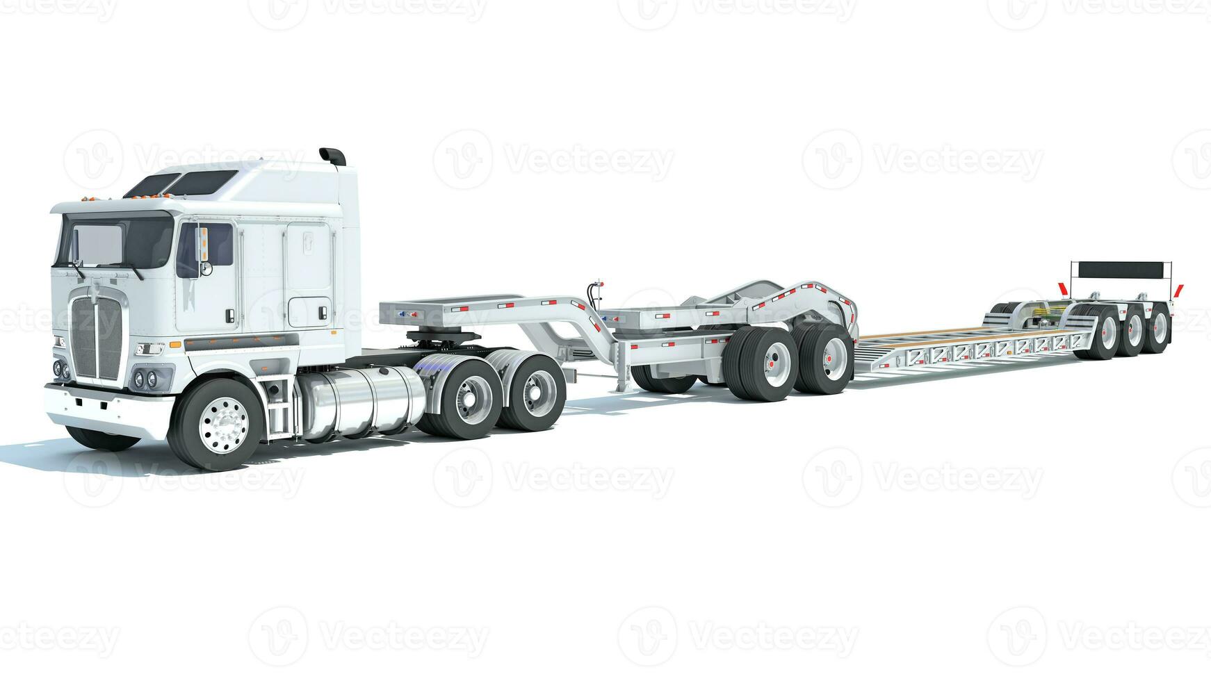 Truck with Lowboy Flatbed Trailer 3D rendering on white background photo