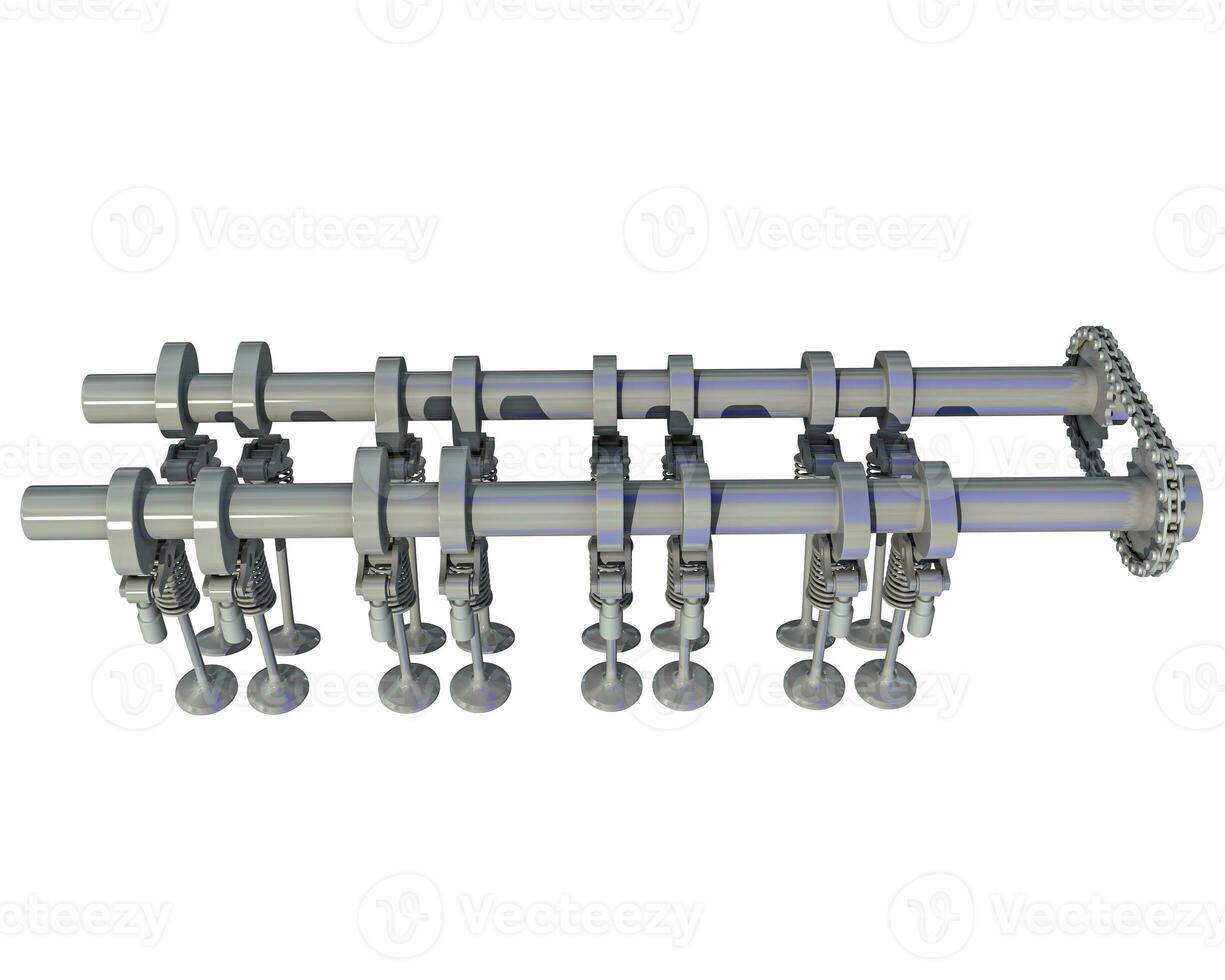 V8 Engine Camshaft Valves 3D rendering on white background photo