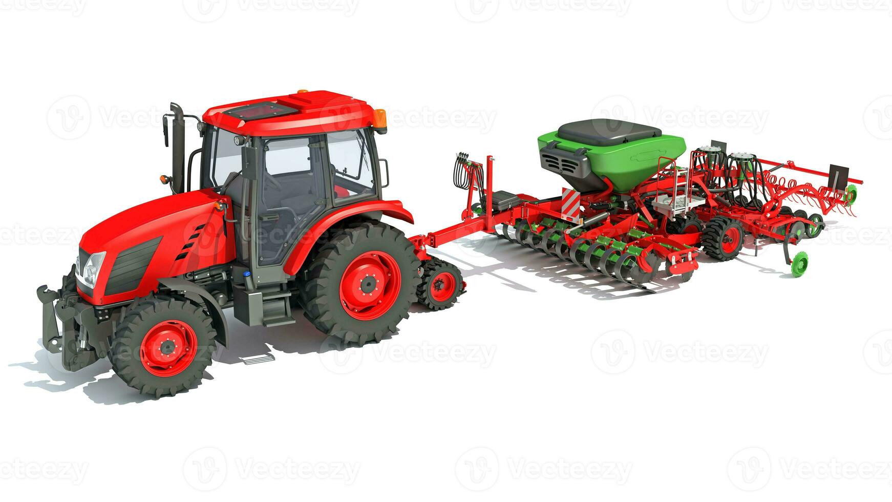 tractor con semilla perforar granja equipo Dto grada 3d representación en blanco antecedentes foto