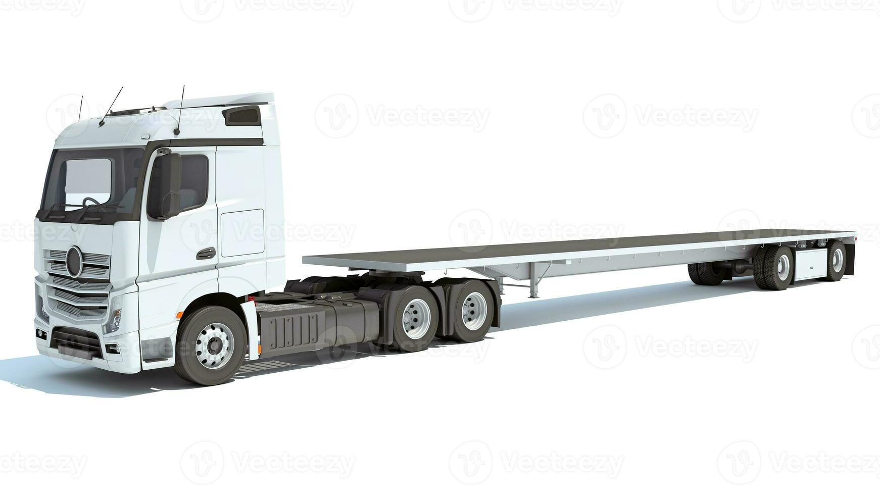 Semi Truck with Lowboy Platform Trailer 3D rendering on white background photo