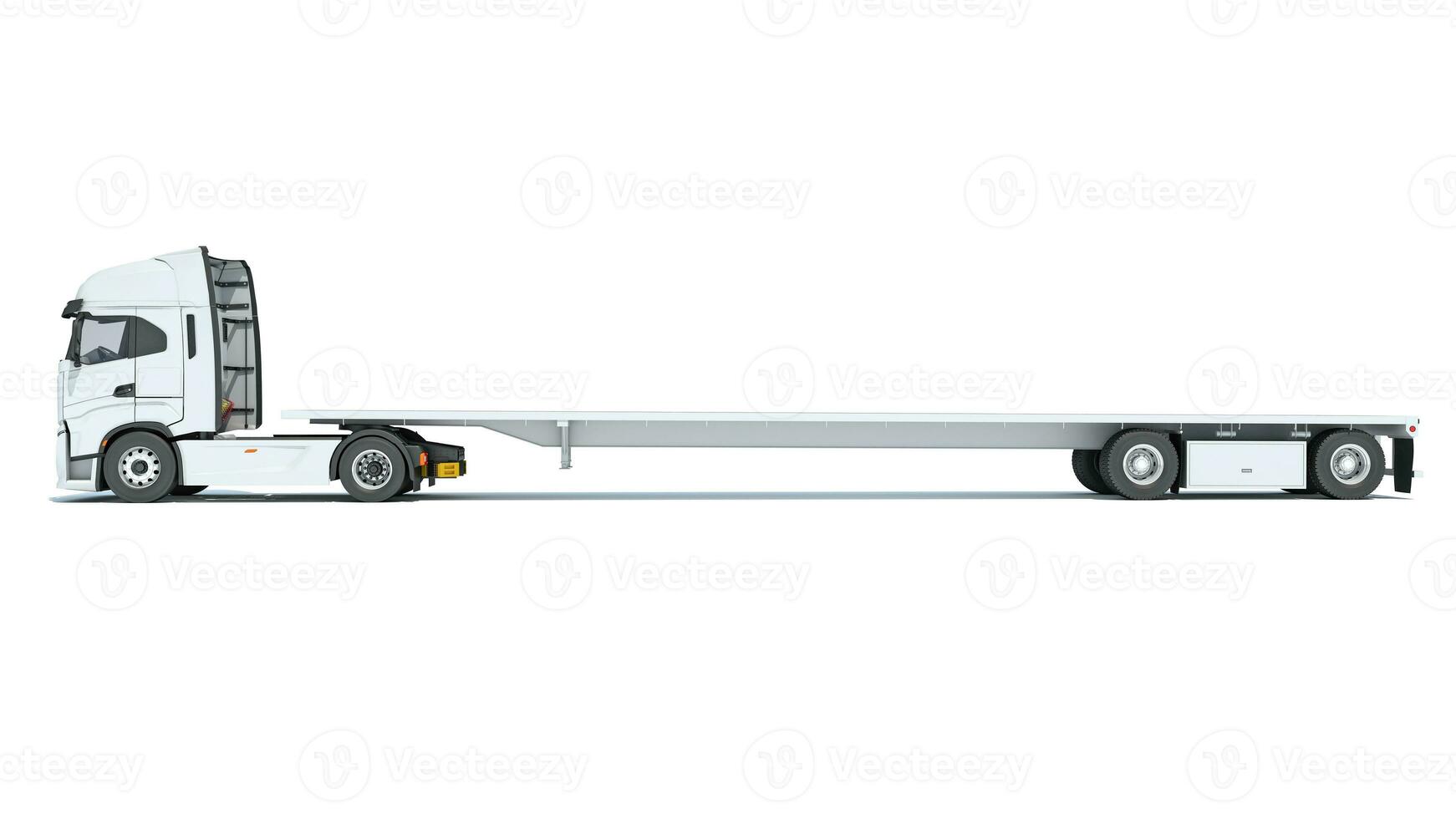Truck with Lowboy Flatbed Trailer 3D rendering on white background photo