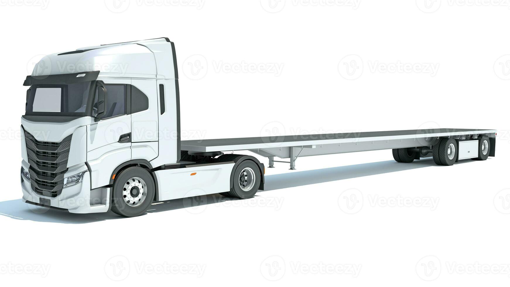 Truck with Lowboy Flatbed Trailer 3D rendering on white background photo