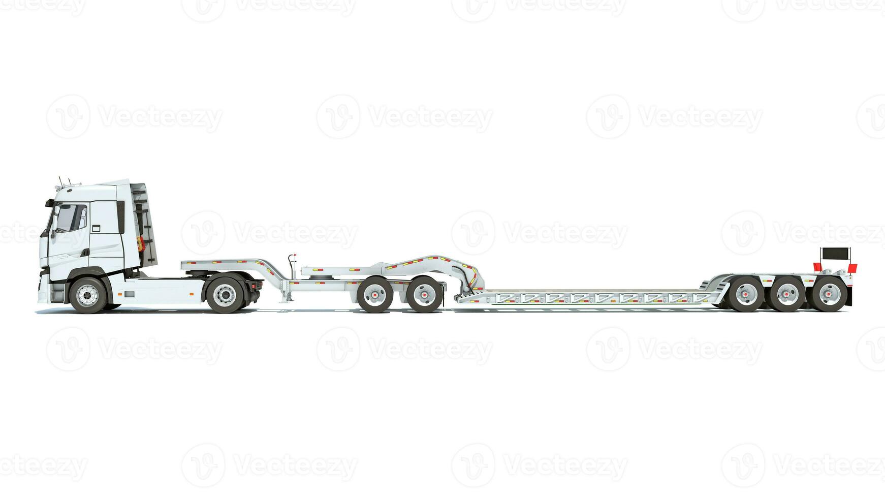 Semi Truck with Lowboy Platform Trailer 3D rendering on white background photo