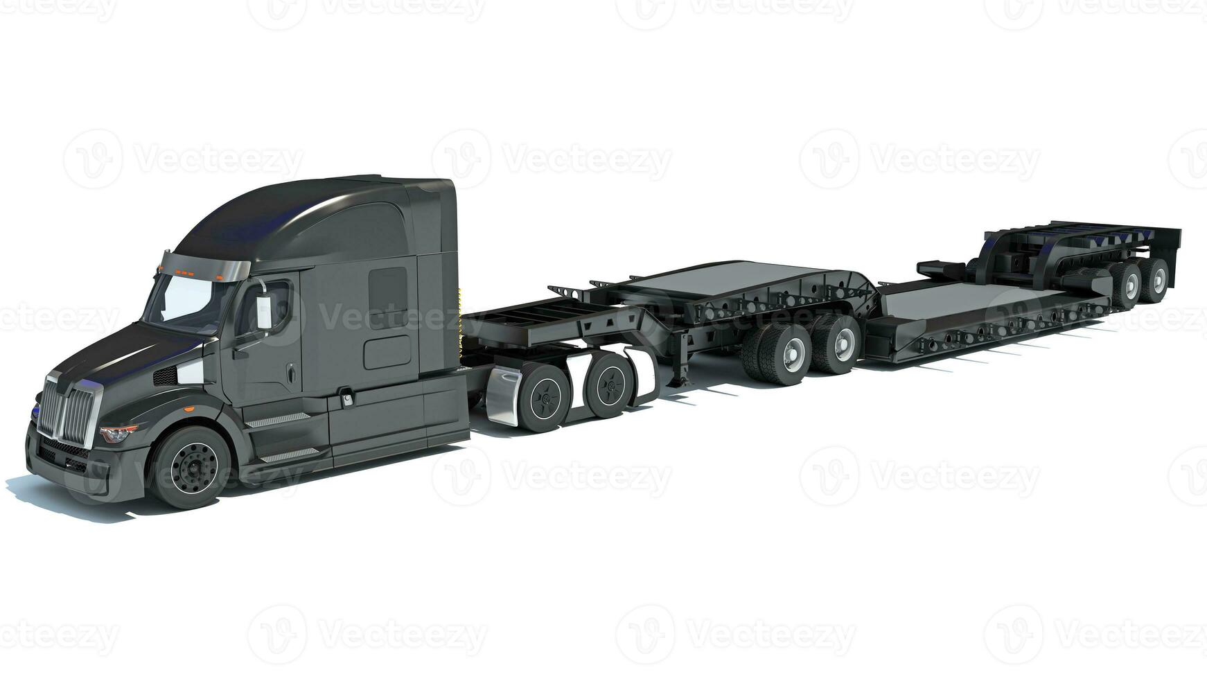 Semi Truck with Lowboy Platform Trailer 3D rendering on white background photo